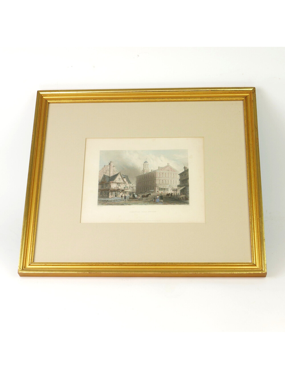 Antique 1838 WH Bartlett Steel Engraving Faneuil Hall Boston Hand Colored Framed